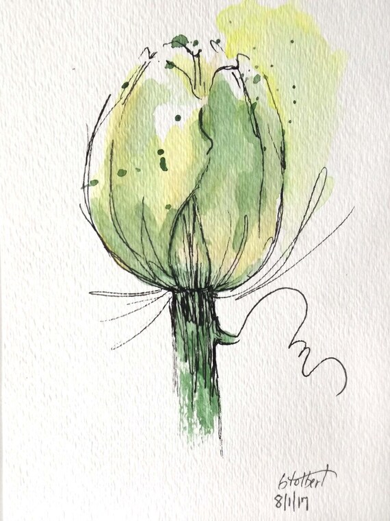 Tulip flower green original art watercolor painting pen and