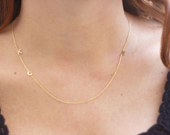 14k Solid Gold Initial Necklace .Three tiny Initial Necklace ,Sideways Letter Necklace,Three Letter Necklace,PERSONALIZED Necklace