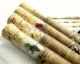 Organic Bath Salts: Sample Vial. Natural Bath Tea Soak. Pick Your Potion. Juniper Cedar, Lavender Calendula, Rose Citrus, Melissa Green Tea.