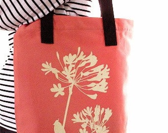 SALE Coral Cardinal on Agapanthus Shoulder Tote Bag