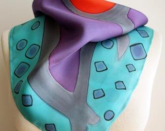 Hand painted Silk Mini- Scarflette - Hand painted Silk scarf - Silk mini-scarf - Woman scarf 21.65x21.65