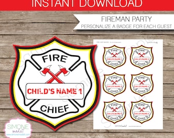 Fire Chief Badges - Fireman Birthday Party - INSTANT DOWNLOAD with EDITABLE text template - type your own text in Adobe Reader