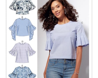 McCall's Pattern M7542 Misses' Tops with Trumpet, Tulip, Pleated or Bubble Sleeves
