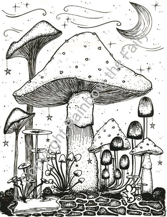 Mushroom Forest Art Print / Mushroom Drawing / Amanita