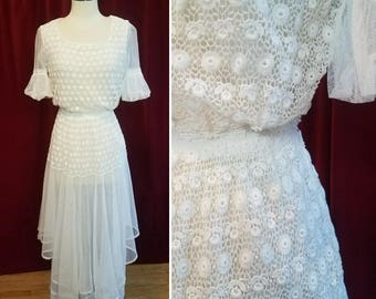 Edwardian Tea Dress in White Cotton Lace and Net. Tiered 1910s Garden Party Dress or Wedding Dress.
