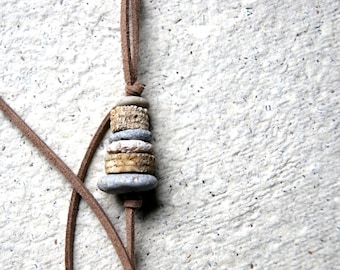 Beach Stone and Crinoid Stem Cairn Necklace with Vegan Leather - natural jewelry