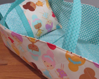 Doll Carrier, Will Fit Bitty Baby and Wellie Wisher Dolls, Ballerina Fabric with Aqua Lining, 16 Inches Long, Doll Basket