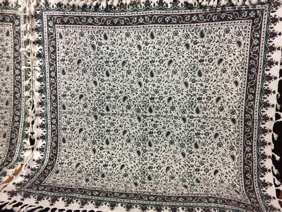 Green and brown flowers tablecloth, handprinted Square tapestry, natural dyes textile 39" inches with tassels
