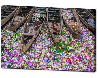 Rustic Boats Lake Lotus Flowers Thailand Tropics Landscape Pink Tropical Asia Market Flower Scenic Unique Nature Rustic Vintage Wall Art
