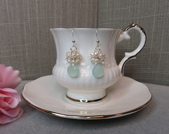 Aqua Chalcedony and Pearl Cluster Earrings in Sterling Silver