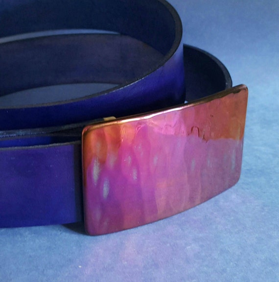 Belt and Buckle SET Pink and Purple Hand Forged Hypoallergenic Belt Buckle & Hand Dyed Purple Leather Belt 1.5" Wide with Snaps Custom Cut