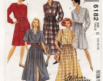 A Front Buttoned, Full Skirt, Long/Short Sleeve Dress Sewing Pattern for Women: Uncut - Sizes 10-12-14, Bust 32-1/2"-36" • McCall's 6182