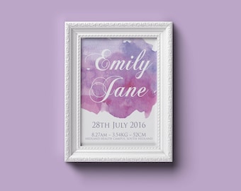 birth print, baby, Birth detail, birth announcement, wall art, newborn keepsake, water colour