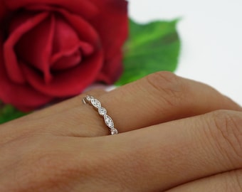 Art Deco Full Eternity Ring, Marquise Round Wedding Band, Delicate Engagement Ring, Man Made Diamond Simulant, Stacking, Sterling Silver