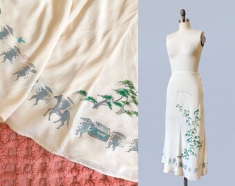 RARE 1930s Skirt / 30s HAND PAINTED Silk Skirt / Chinoiserie / Figural Asian Motif