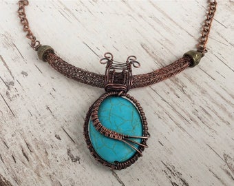 Turquoise wire wrapped necklace with Viking knitting