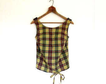 Vintage Plaid Top | 60s Top | Plaid Tank Top | XXS XS