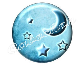 2 cabochons 18mm glass, moon stars, blue tone