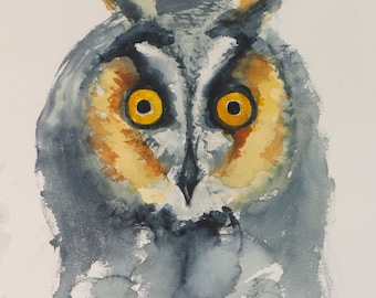 Owl Bird Original Watercolor Painting: Kitchen Nursery Bedroom Bathroom Decor Art