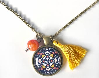 Mosaic Pendant and Tassel Necklace, Mosaic Jewelry