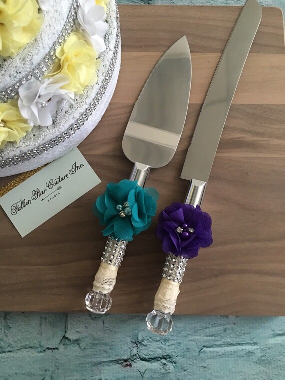  PLUM  and TEAL Wedding  cake  knife set  burlap knife set  cake 