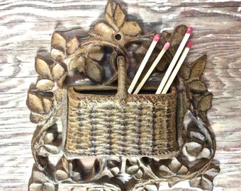 Vintage Cast Iron Match Holder Wall Mount, Wicker Basket in a Tree Design