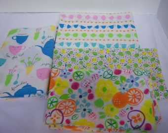 Four Fabric 1 Yard Pieces, New Never Used, Cotton Or Blend, Buy One Or All, Teacups andf Fruit Designs, Upcycle Fabric