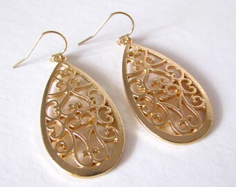 Teardrop Filigree Dangle Earrings Modern Sleek Elegant Design 14kt Gold Filled Earwires