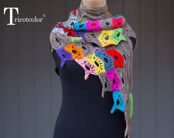 Multicolored Brown tricotcolor shawl wool wool knitted crochet knit yarn scarf accessories