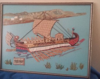 Vintage Embroidered Needlepoint Montage Roman Bireme Ship 1982