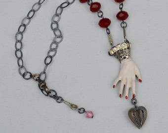 Artisan Antique Charm Necklace . Victorian Hand . Faceted Red Stones . Unique Necklace