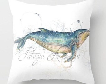 Pillow .BLUE WHALE .PRINT art.. animal art - woodland art - fine art -living room - childrens room - nursery - babies - cookies