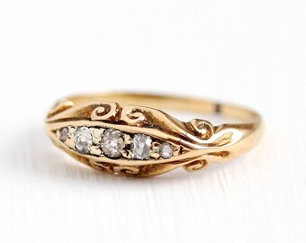 Sale - Diamond Wedding Band - Antique 18k Rosy Yellow Gold Ring - Vintage Early 1900s Art Nouveau Size 3 1/4 Engagement Bridal Fine Jewelry
