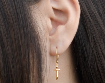 Tiny Dagger Dangle Earrings, Sterling Silver, Gold Plated, Pendulum Earrings, Minimalist Drop Earrings, Lunaijewelry, Gift for Mom, DGE002