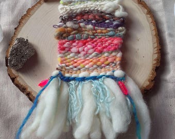 Small Weaving with Hand Spun Wool, Silk, Mohair, Sparkle in pinks with white and blue plus hot pink crystals