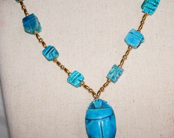 Turquoise Blue Egyptian Revival Scarab Necklace Glazed Blue Faience Carved Bead Collectible Vintage Jewelry