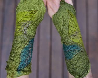Nuno Felted Fairy Cuffs-Fairy Gloves-Pixie Arm Warmers-Felt Cuffs-Woodland Costume-Silk Gloves-Festival Wear-Felt Leaf Cuff-Pixie Wear OOAK