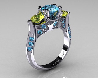 Nature Inspired 14K White Gold Three Stone Blue and Yellow Topaz Solitaire Wedding Ring Y230-14KWGYTBT