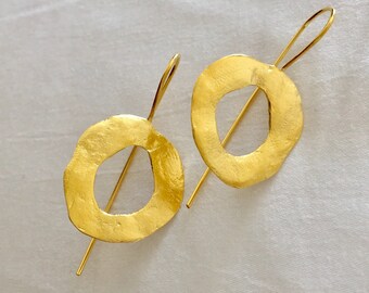 Y2U Design/Free shipping/Hammered Round Earrings/24k Gold pkated brass/Contemporary/Timeless/Unique/Designer/Gift wrapped/Matching Necklace