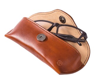 Glasses leather case; natural leather handstitched glasses pouch, sunglasses holder, bifocals, spectacles, specs protector, sleeve, cover
