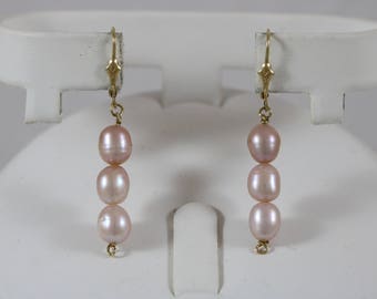 14k Yellow Gold 7x6mm Rose Pearl Dangle Lever Back Earrings 3.8g