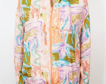 90s Pastel Rainbow Wave Avant Garde Abstract Seashell Beach Print Light Baseball Bomber Jacket