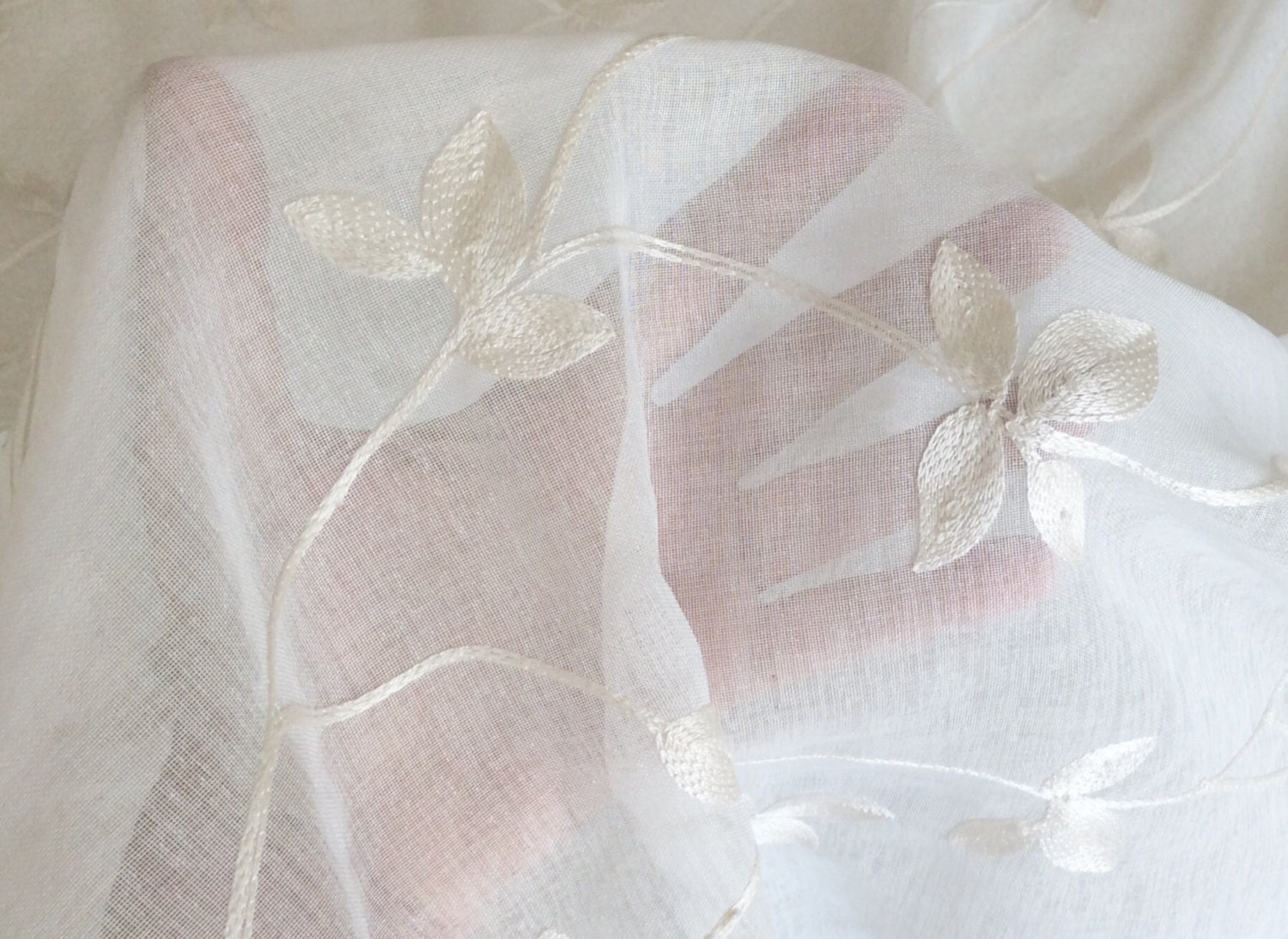 Sheer Embroidered Curtain Fabric with Vine Leaf Print in Ivory