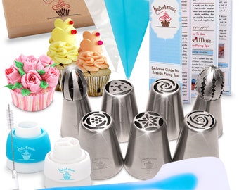 23 pcs Russian Piping Tips-Cake Decorating Gift Set-Exclusive Guide-Silicone Spatula-7 Large Flower and Ball Tips-2 Couplers-11 Pastry Bags