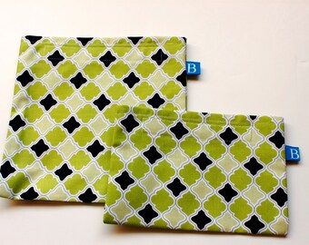 Reuseable Eco-Friendly Set of Snack and Sandwich Bags in Green Quatrefoil Fabric