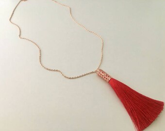 Monroe Rose Gold Necklace, Red Tassel Necklace, Silk Tassel Necklace, Long Rose Gold Necklace, Long Red Necklace, Gift For Her,Birthday GIft