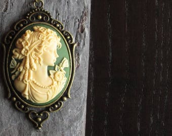 Irish green cameo necklace, irish, cameo jewelry, antique brass necklace, holiday gift ideas, gift ideas for mom, unique Christmas gift