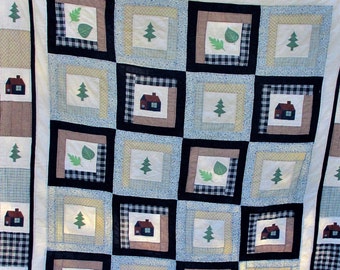 Quilt pine trees log cabins vintage handmade rustic cabin decor