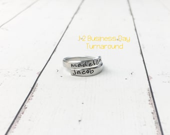 Thin Spiral Wrap Ring-Ring for Mom-Personalized Ring-Hand Stamped Ring-Ring with Names-Hand Stamped Personalized Mom Ring-Mothers Ring