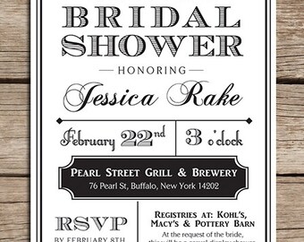 Printable Vintage Bridal Shower Invitation, Made to order, Many color options, Downloadable File, Wedding